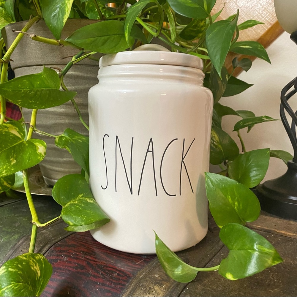 RAE DUNN CANISTER ‘SNACK’ 8”-9” Off White